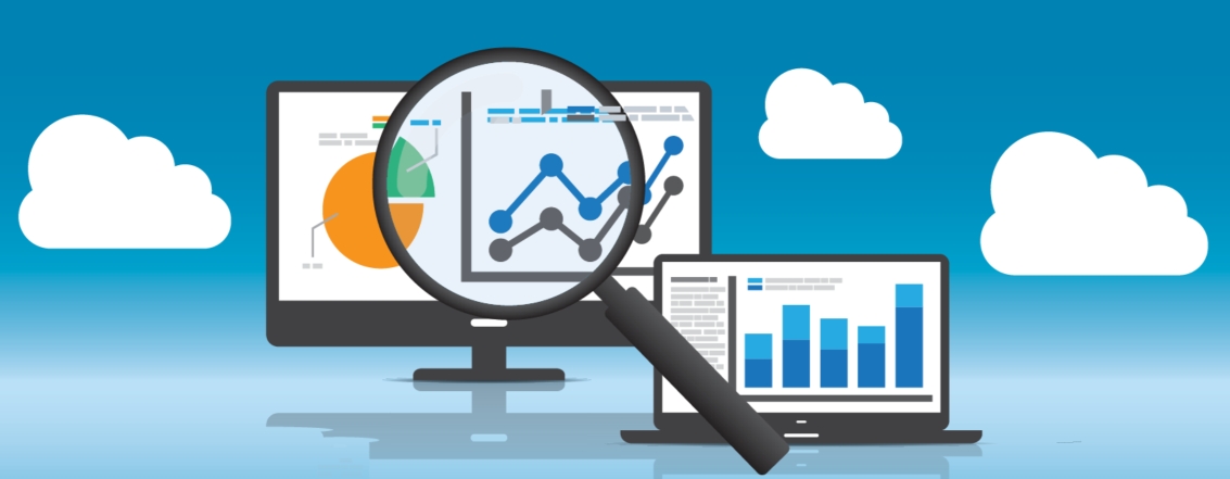 magnifying glass on a computer screen graphic with analytics