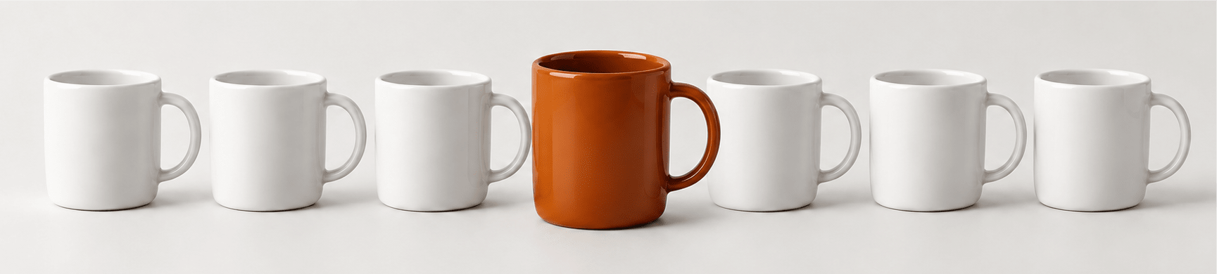 A single burnt orange coffee mug standing out among a row of white mugs, representing The One Thing.