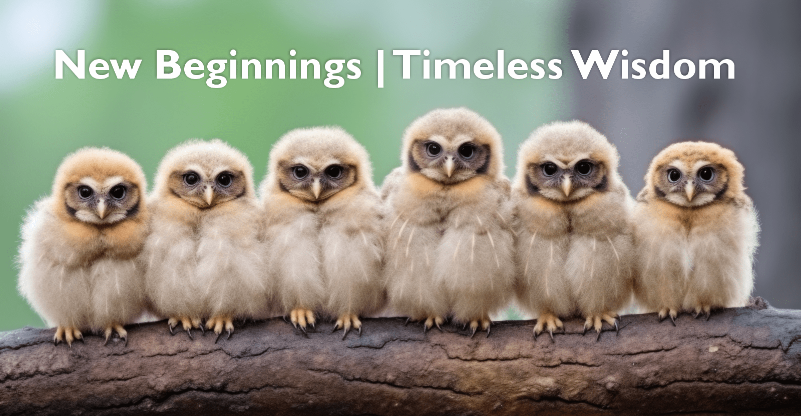 baby owls sitting on a branch with new beginnings timeless wisdom text